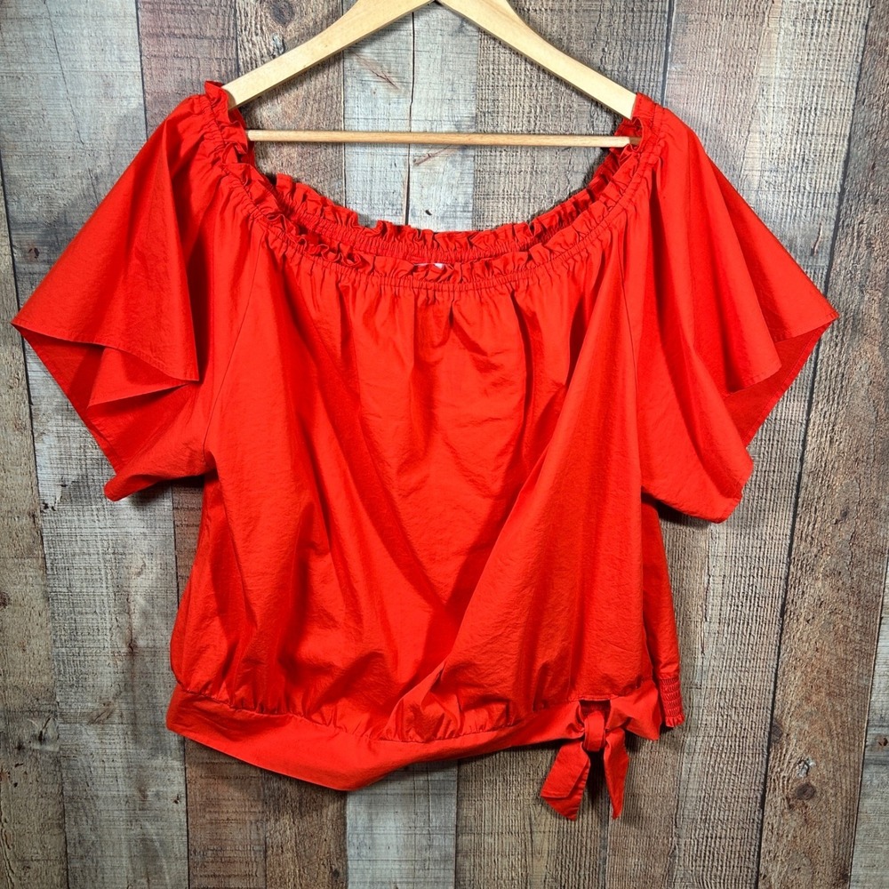Belle Sky Red Orange Off The Shoulder Ruffle Flutter Sleeve Top Bow XXL Boho